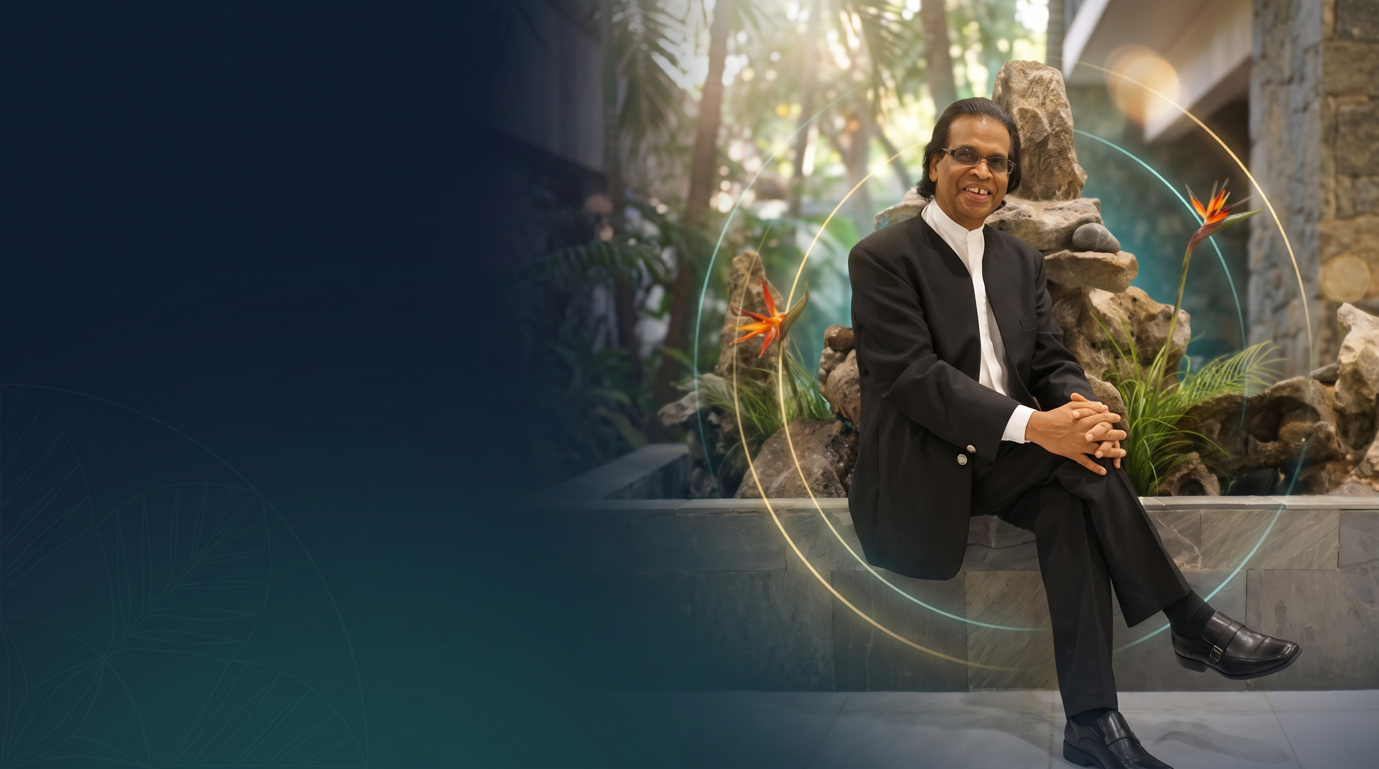 Dr. Lingam seated in a garden courtyard, smiling